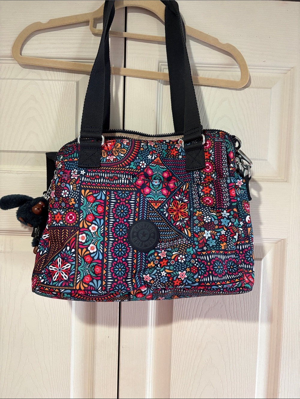 Kipling Patterned Floral Shoulder Bag in Black with Multicolor Accents